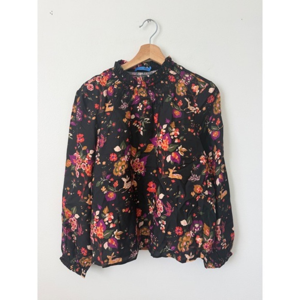 J. McLaughlin Floral & Deer Print Long Sleeve Blouse Black Women's Small – NWT